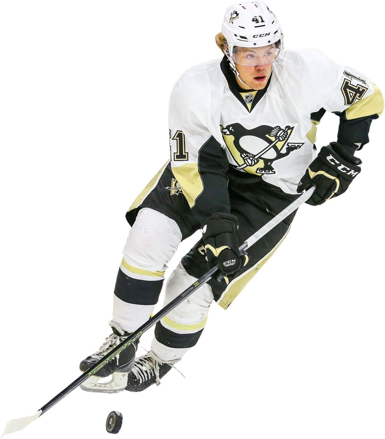 Daniel Sprong skating with the puck in a Pittsburgh Penguins away jersey